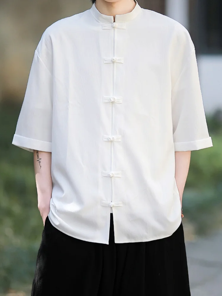 

New Chinese Style Ice Silk Men's Short Sleeve Shirt Summer Anti-Wrinkle Loose Thin Pure Color Breathable Youth Fashion Home Wear