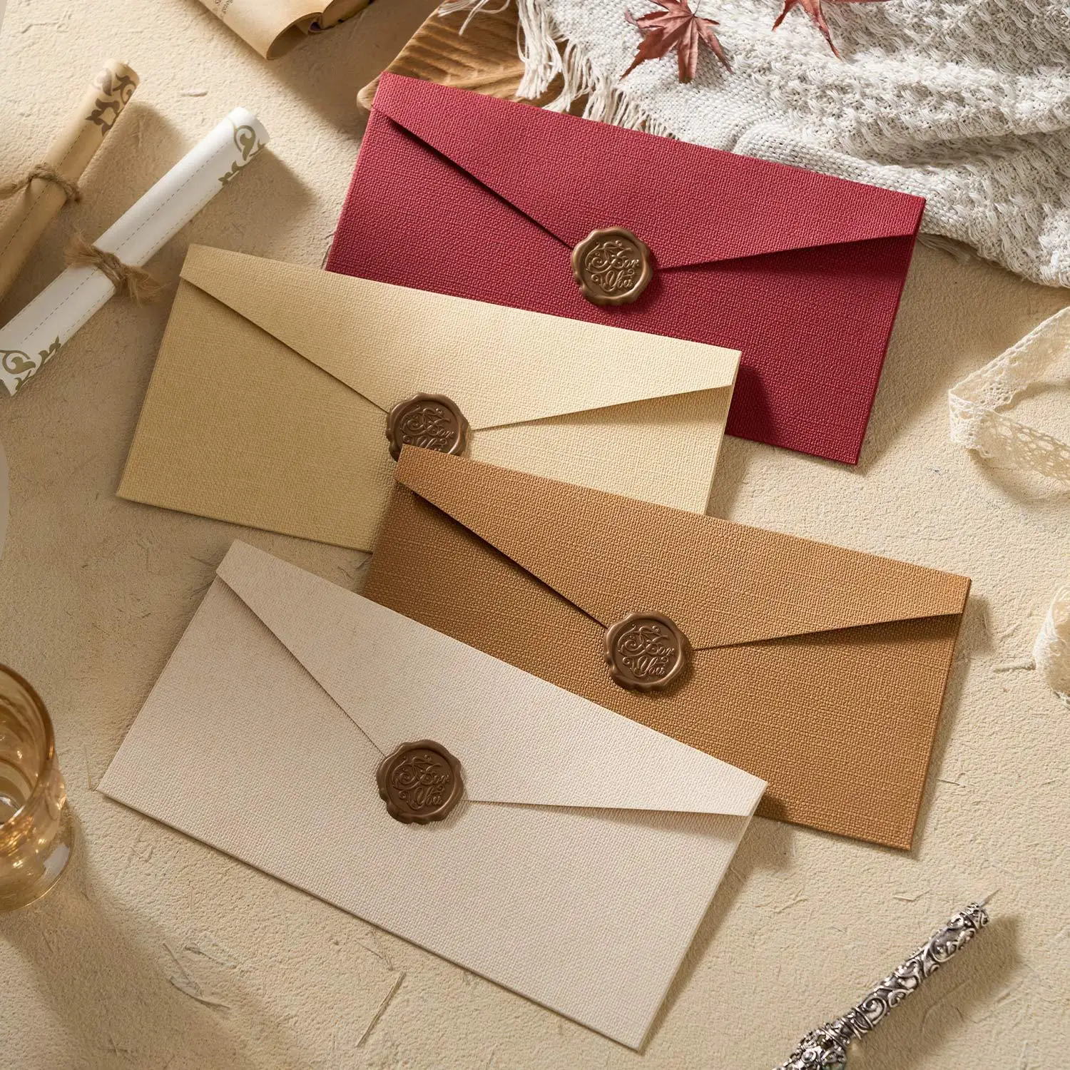 Linen Textured Envelope Letter Paper Set, Retro Vintage Stationery Wax Seal for Letters Invitations Postcards Greeting Cards