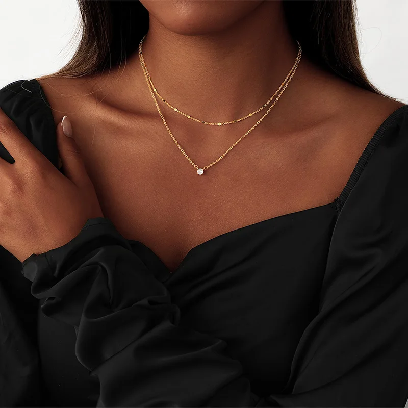 14K Gold Plated Layered Necklace 2pcs/Set Dainty CZ Pendant Choker Stackable Chain Trendy Women Jewelry  Party Christmas Gift