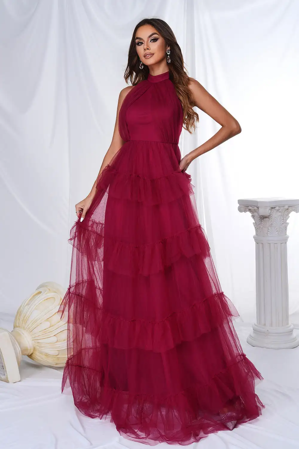 Borgogna Halter Tiered Tulle A Line abito lungo da ballo increspato senza maniche robess de soirée abito da sposa semplice muslimagnaws crafti40/pyrylor 5: 49