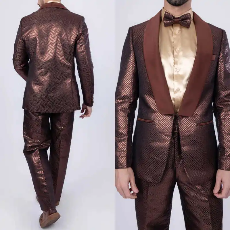 

Classic Jacquard Men Suit Slim Fit 2 Pieces Blazer Pant Shawl Collar Wedding Groom Formal Occasions Customized