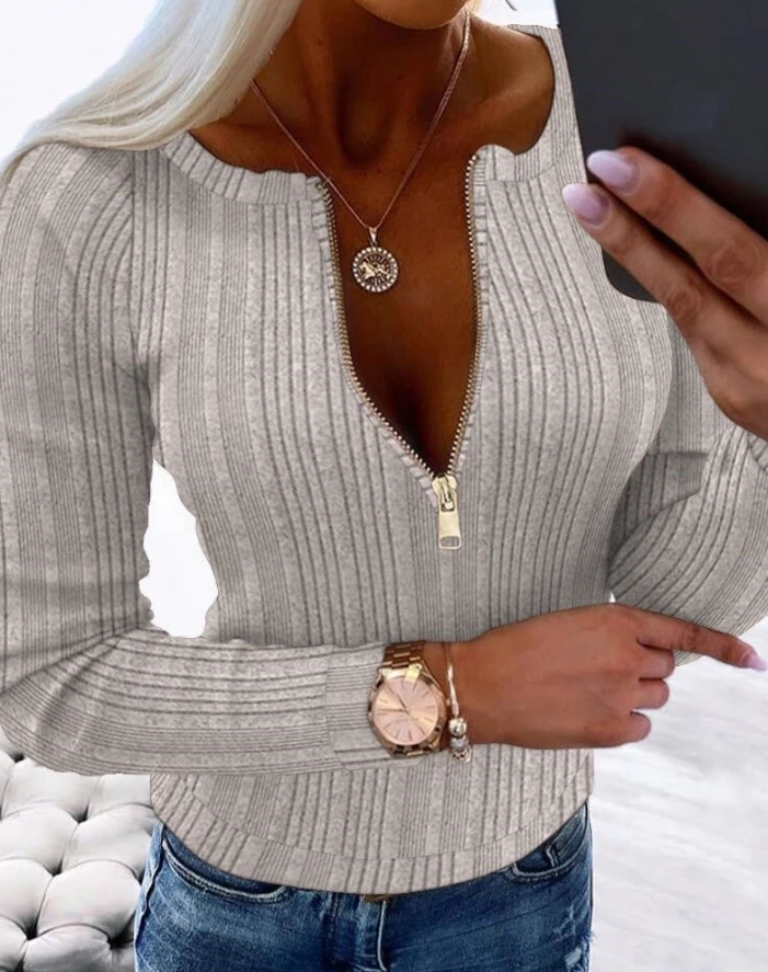 

Women's Autumn New Fashion Zipper Design Ribbed Skinny Top Temperament Commuter 2024 Female Clothes Daily Casual Long Sleeve Tee