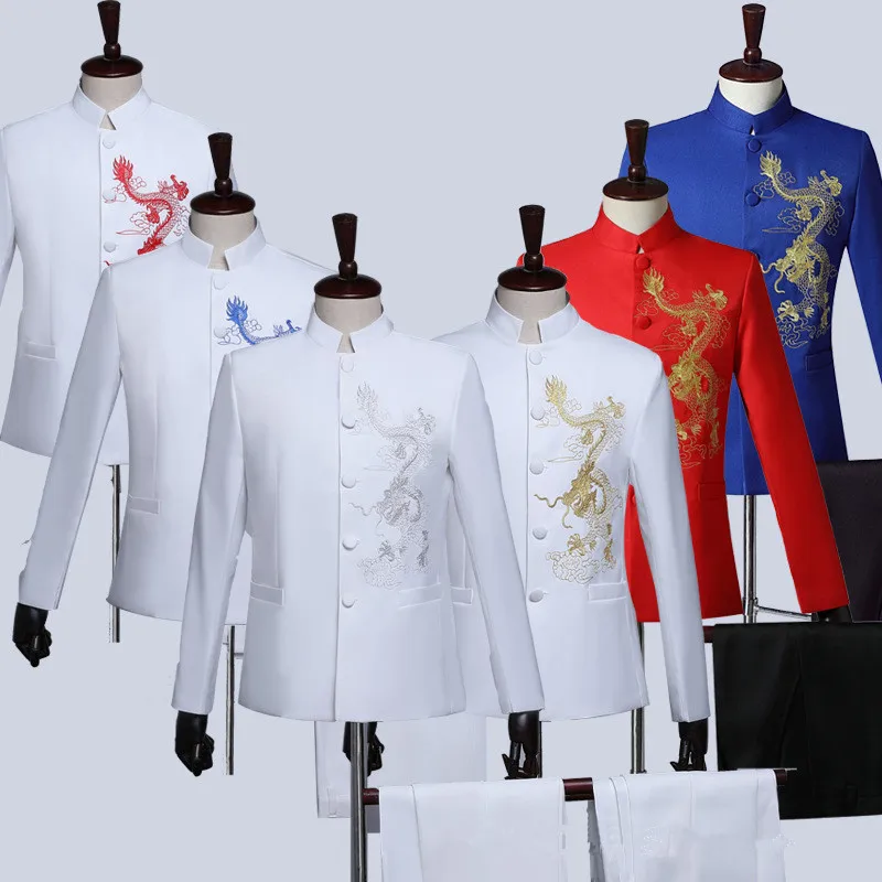 

Men Red Embroidered Dragon Chinese Style Suit Vintage Design, Ideal for Performances, Ceremonies, and Daily Wear