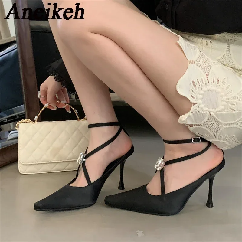 Aneikeh Sexy Pointed Toe Thin Heels Banquet Dress Party Prom Mule Ladies Shoes Spring Designer CRYSTAL Buckle Strap Pumps Women