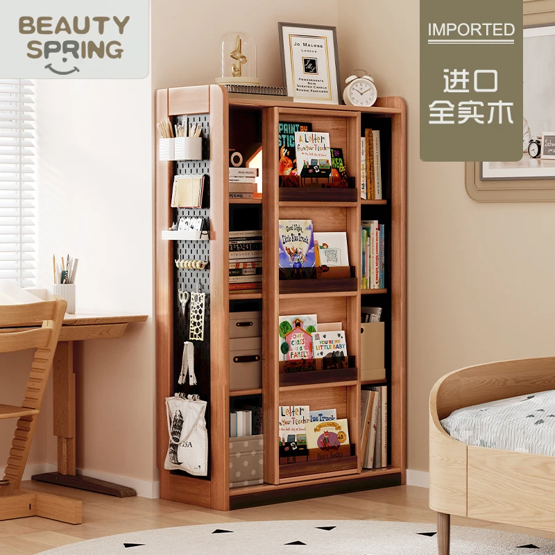 Solid wood unpainted floor-standing reading area storage cabinet sliding door dustproof bookcase integrated against the wall