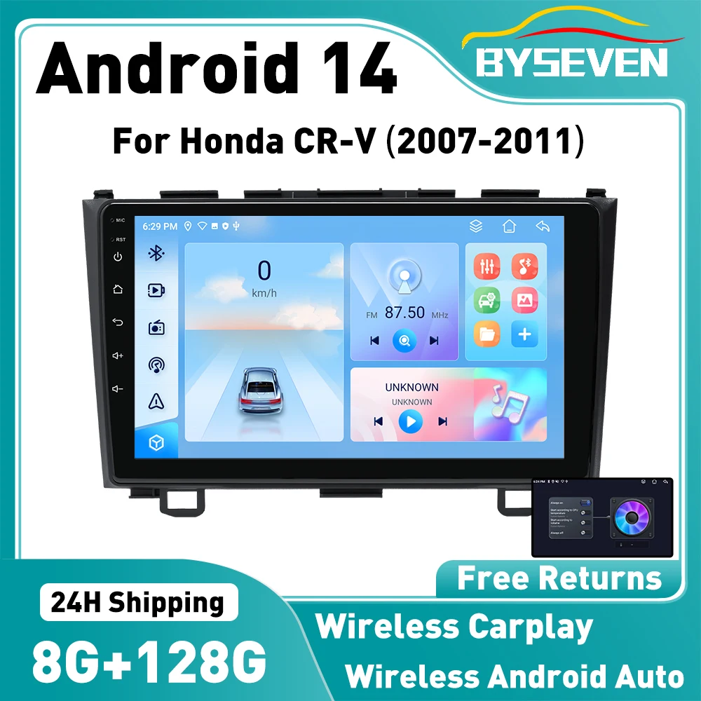 Byseven Android 14 Wireless Carplay For Honda CR-V 3 RE CRV 2007-2011 GPS Car Radio and Multimedia Video Player