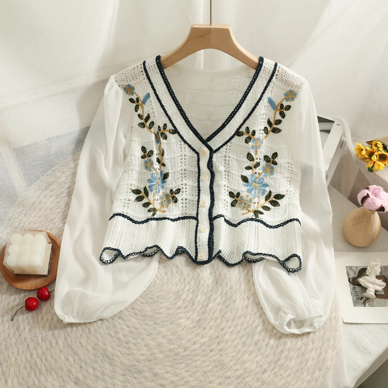 OUMEA Women Sweater Knit Blouse V Neck Crochet Panel Inserted Floral Embroidery Tops Buttons Front Chiffon Sleeve Casual Tops