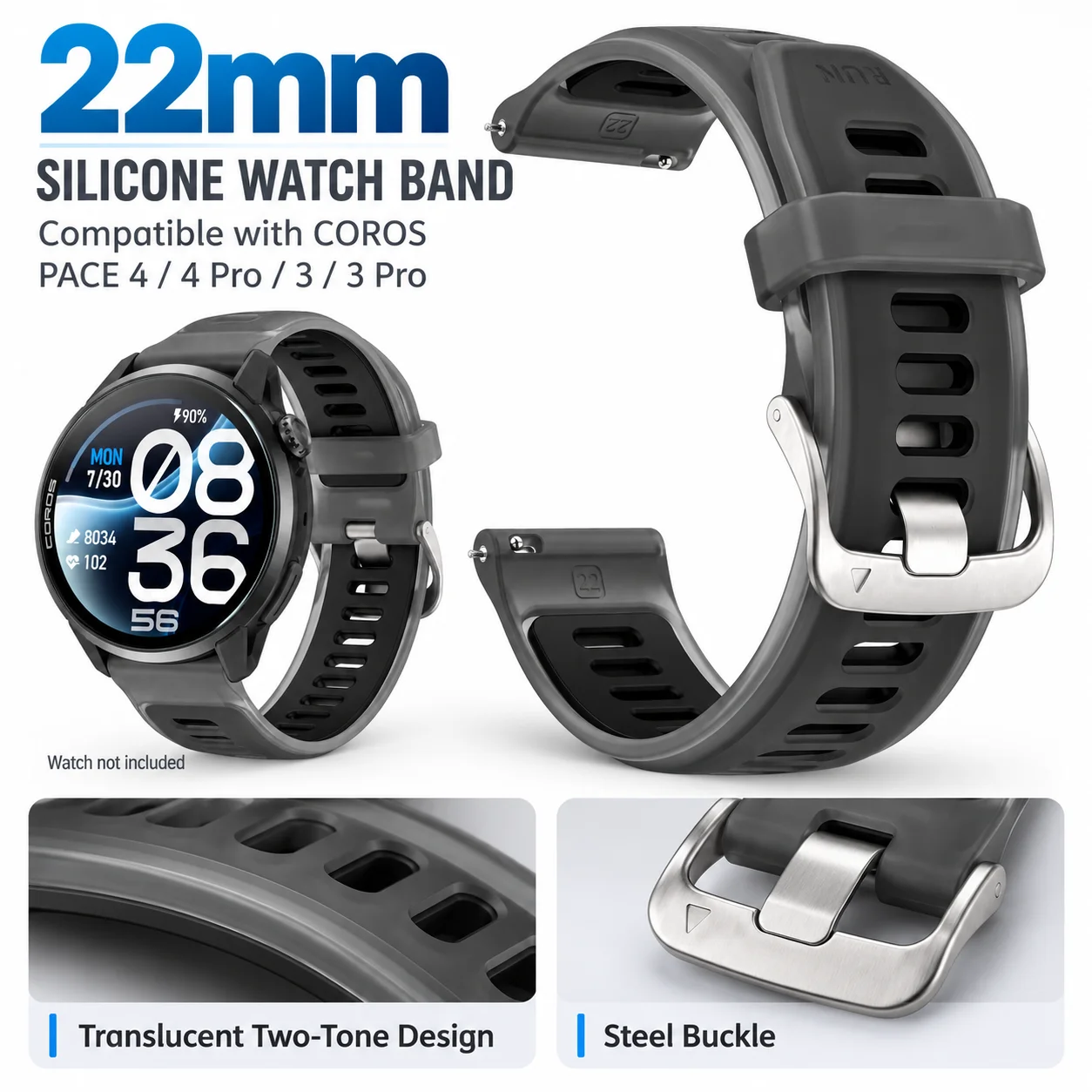 22mm Translucent Two-Tone Silicone Strap For COROS PACE 4 Pro 3 Wristband For COROS APEX 4 42mm Replacement Watch Band Bracelet