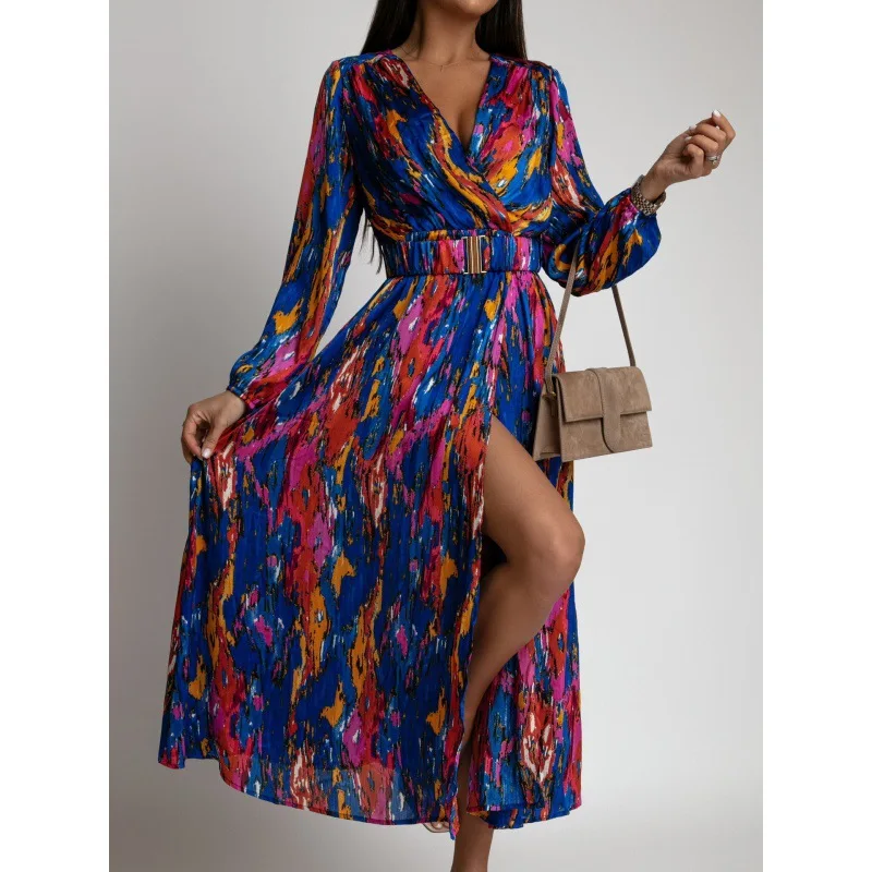 Autumn Women Floral Print Long Dress Elegant Sexy Deep V-Neck High Split Belted Dress Female Vintage Boho Long Sleeve Party Robe