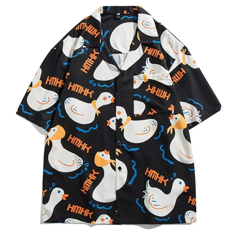 Cartoon Duck Hawaiian Shirt Men Short Sleeve 2025 Summer New Vintage Loose Seaside Beach Holiday Cuban Collar Men's Shirts Tops