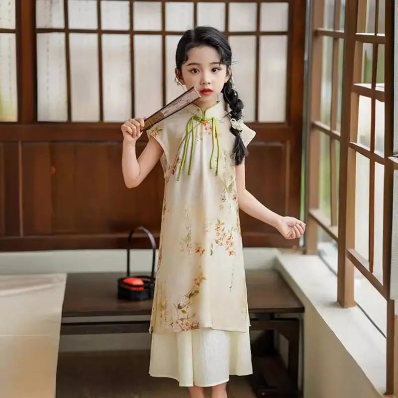 

New Girls' National Style Dress 2024 Summer Long Princess Dresses Fairy Ancient Costume Cheongsam