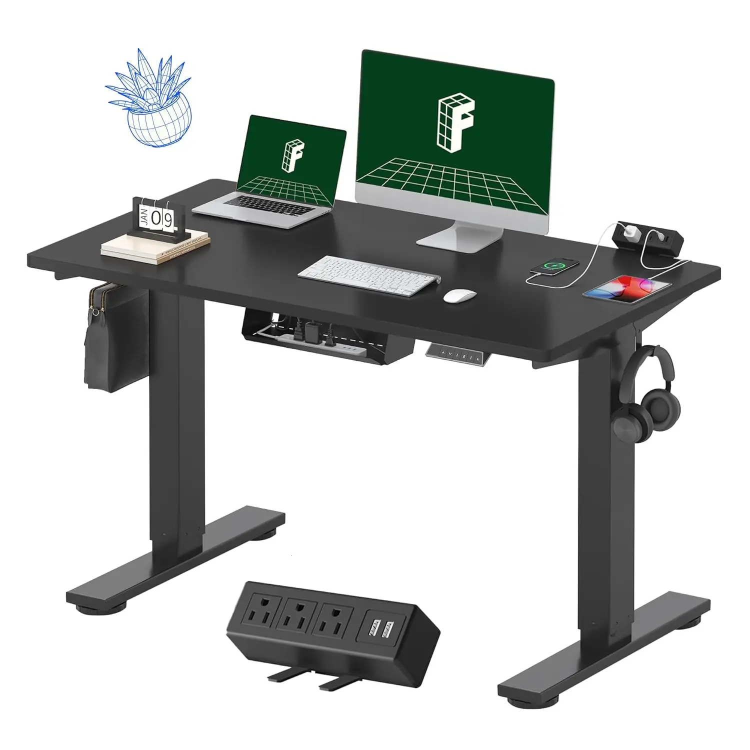 #EN2 Whole-Piece Standing Desk with Clamp Power Strip, 48x24'' Electric Stand Up Height Adjustable Desk with Cable, Customized