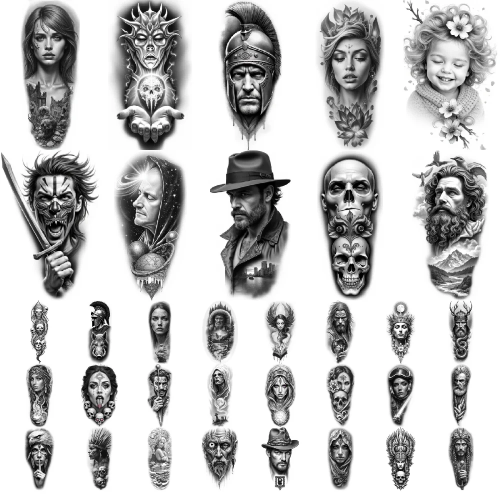 12pcs Temporary Tattoo Warrior Black And Grey Realism Flower Snake Realistic Temporary Tattoos Child For Men Arms Adults