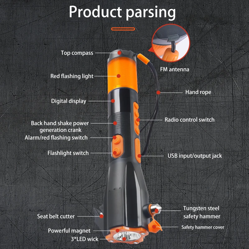 Fogo de Emergência Lanterna Rádio, Multifuncional Martelo de Segurança, Tocha LED, Mão Crank Geração de Energia, 8-em-1