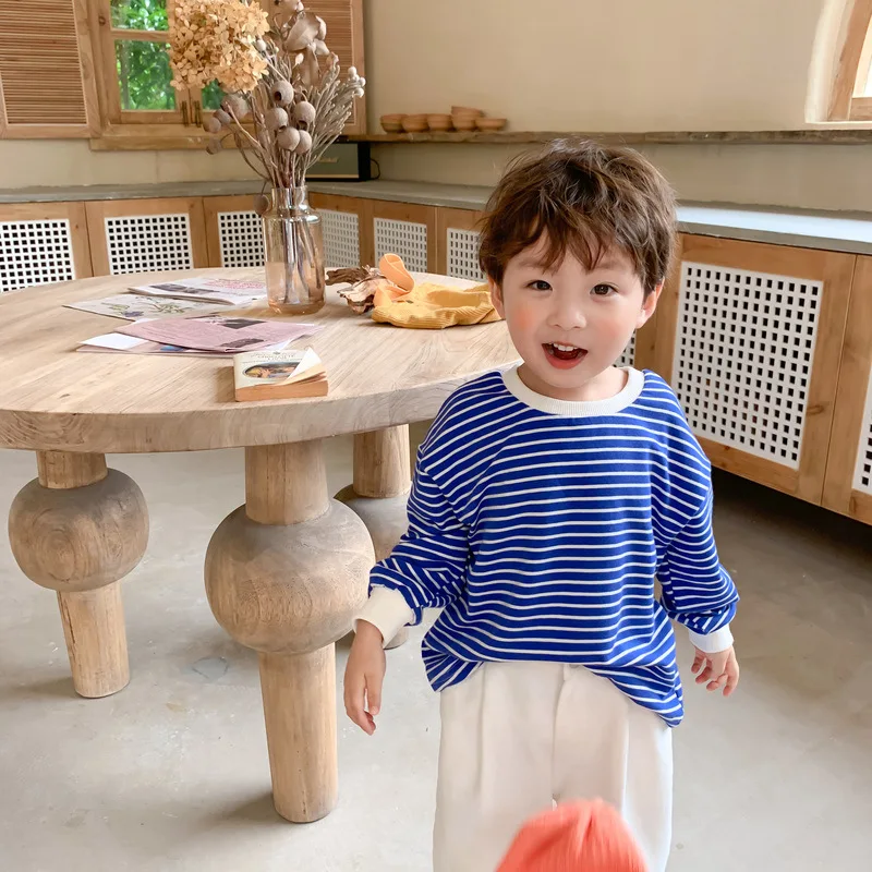 2024 Korean Spring Autumn Toddler Sibling Look Striped Cotton Loose Pullover Dress Long Sleeve Bottoming Shirts Infant Outfit