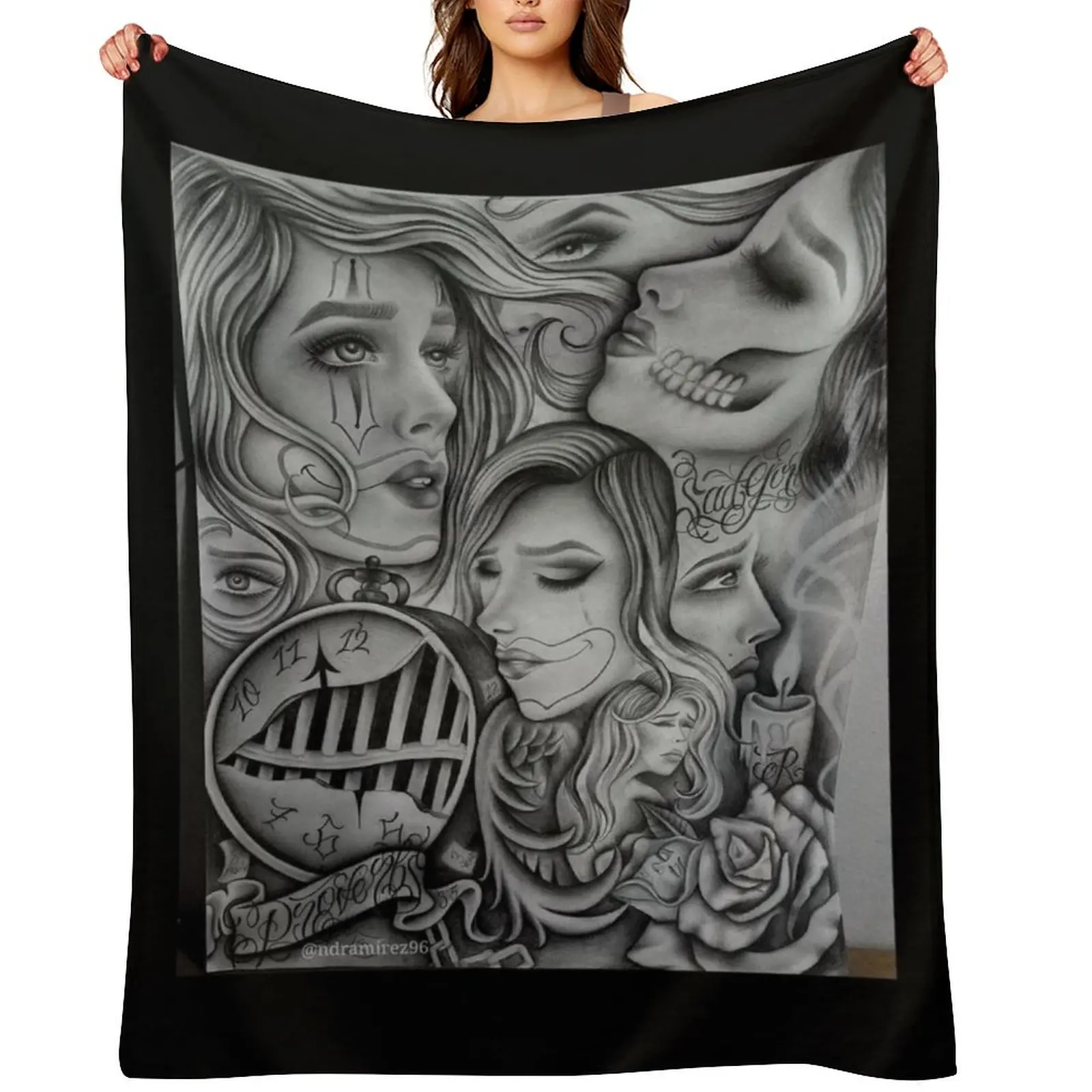 

Sad eyes chola clown , Chicano art , black and grey art Throw Blanket Luxury Decorative Throw Moving Blankets