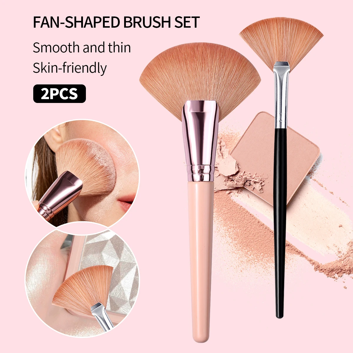 2PCS Fan-Shaped Makeup Brush Set, Wooden Handle Fan Brush, Thin Smooth Skin-Friendly Hair for Sheer Highlight