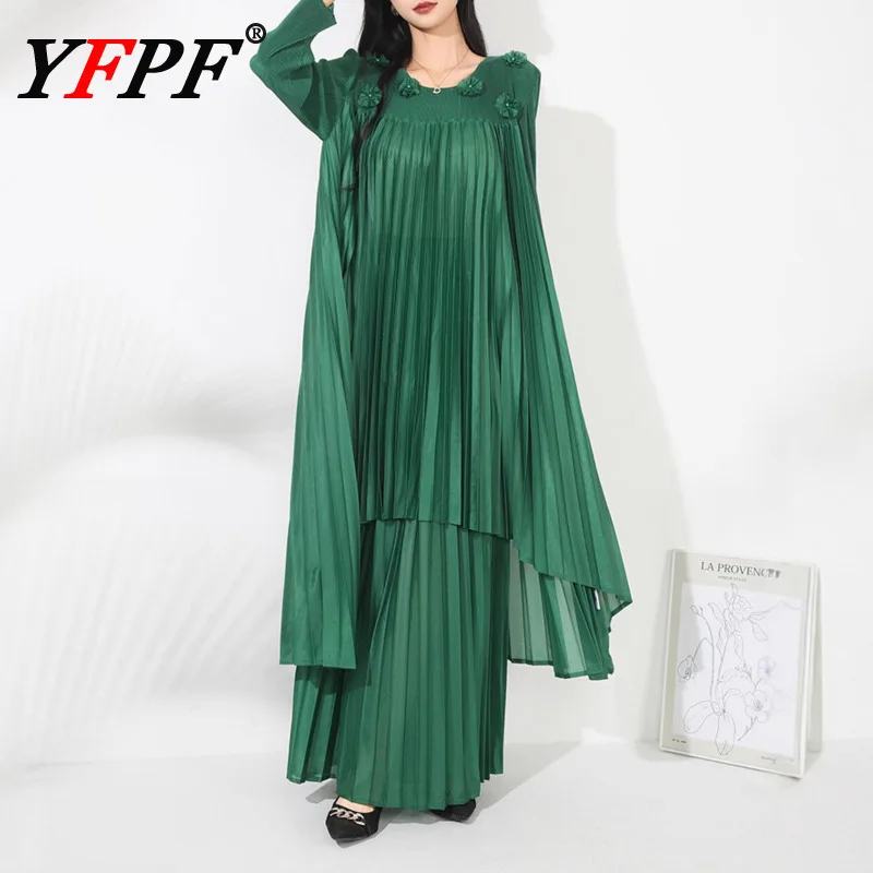 

YFPF Элегантный дизайн, женский комплект из двух предметов, плиссированное длинное платье с 3D цветком + широкие брюки, модная однотонная новинка 2025, одежда