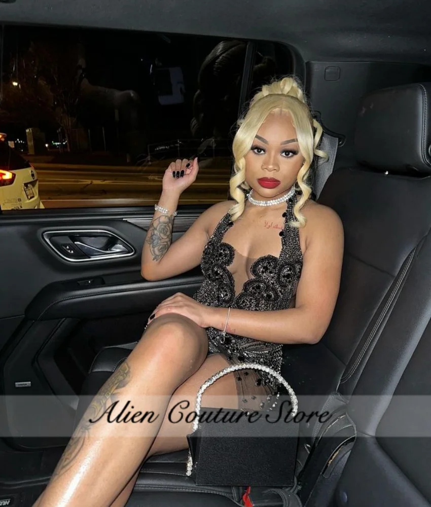 Krótka Sukienka na Bal z Czarnymi Cyrkoniami, Koralikami, Diamentami i Kryształami, Sukienka na Urodziny, Koktajlowa, Vestidos Halter, Szyta na Miarę