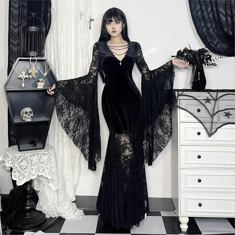 Halloween Gothic Grunge Punk Women Dress Long Sleeve Lace Slim Black Dresses 2024 New Y2K Harajuku Lolita Fairy Core Party Dress