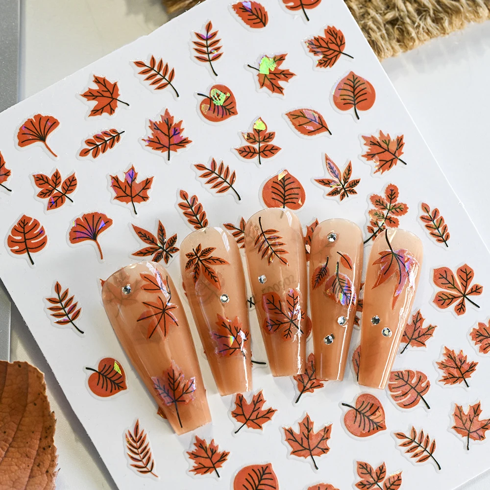 12 pçs/set 3d laser maple leaf adesivos de unhas outono caindo folhas ouro abóbora raposa decalques de unhas gingkgo folhas design decalques de unhas