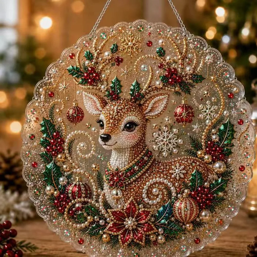 Acryl-Weihnachts-Diamantmalerei-Set Weihnachtsbaum Weihnachtskranz Weihnachtsmann Perlen-Sonnenfänger DIY-Bastelset Rentier