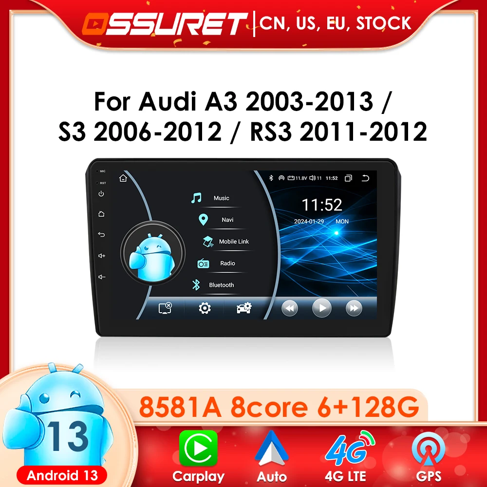 

Автомагнитола 2DIN Android 13 для Audi A3 2003-2013 Carplay Android Auto 4G DSP AI Voice мультимедиа автомобильная навигация стерео DSP