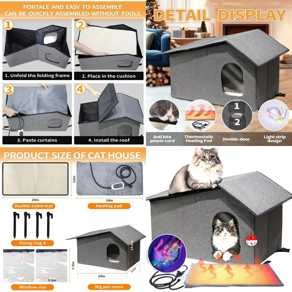 

Insulated Outdoor Cat House with Foldable Design and Thermostatic Heating Pad for Winter, Charcoal, 12x24