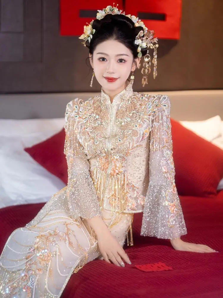 Golden Xiuhe Clothing 2024 New Chinese Wedding Dress, High end Champagne Luxury Wedding Dress, Bridal Toast Dress, Spring