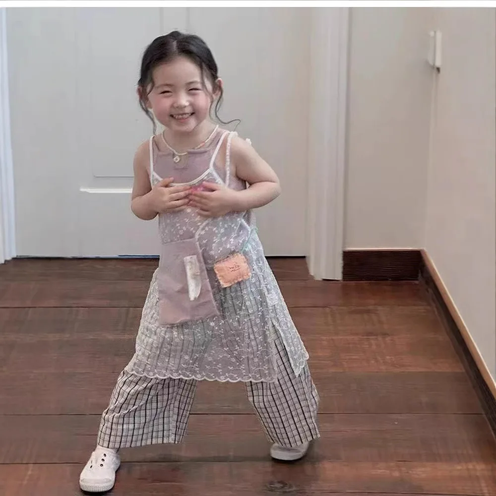 

Girls' Clothing 2025 Spring and Summer New Children's Korean Stacked Suspender Top Lace Blouse Skirt Plaid Pants Three-piece Set