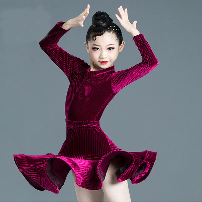 

Girls Latin Dance Dresses Children Autumn Winter Velvet Ballroom Competition Carnival Party Stage Performance Practice Costume