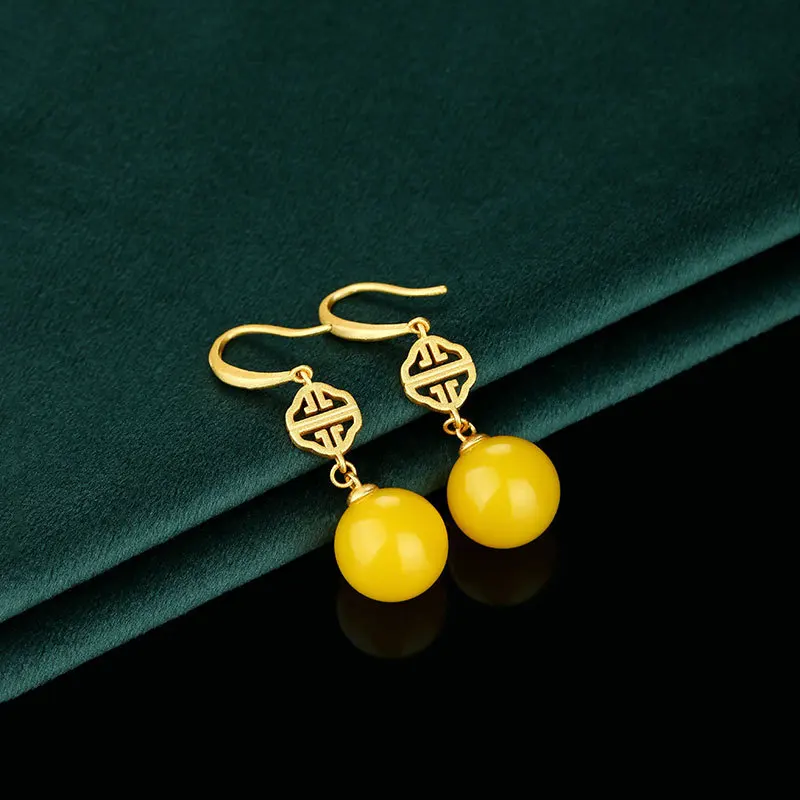 Vintage Chinese Style Auspicious Pattern Gold Plated Synthetic Amber Bead S925 Silver Needle Geometric Dangle Earrings For Hanfu