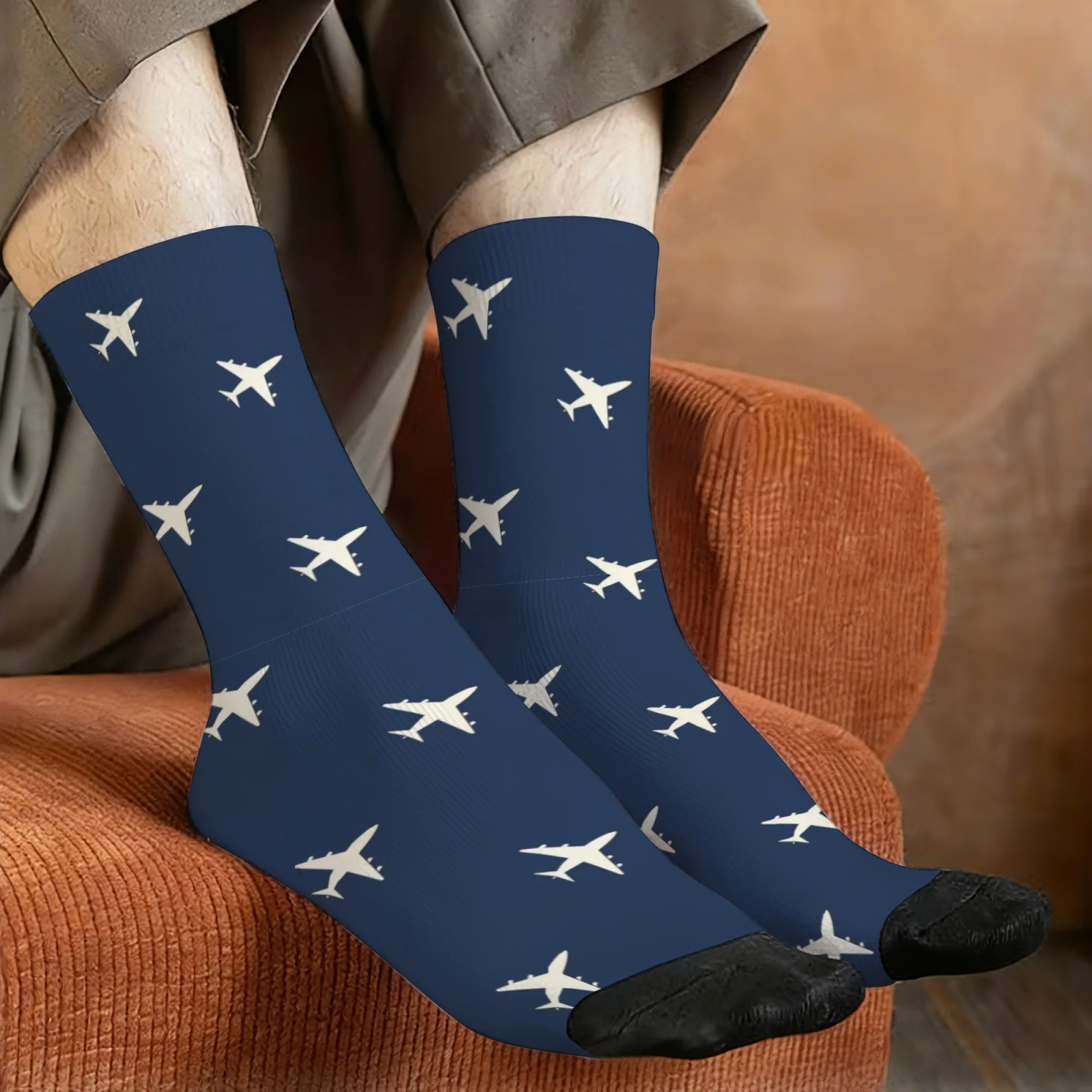 Navy Blue Mid-calf Socks with White Airplane Print Fresh and Clean Style Free Spirit Perfect for Comfortable Travel Enthusiasts