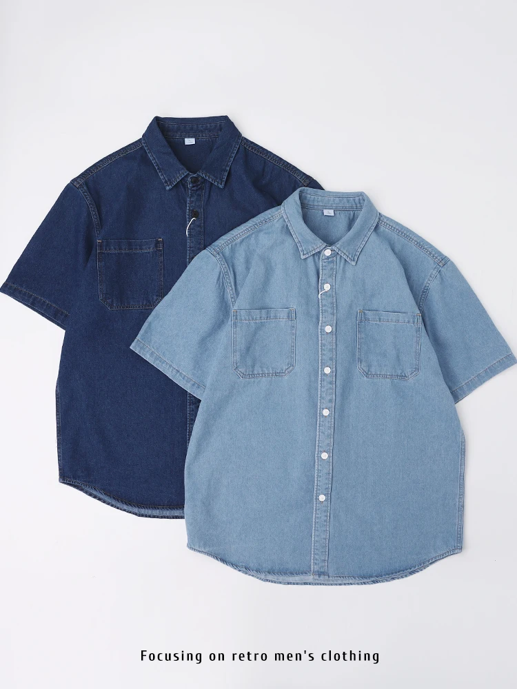 

Summer Thin Denim ort Sve Loose Fit Men's irt Double ket Workwear Waed Original Color Indigo f Sve Cotton L...