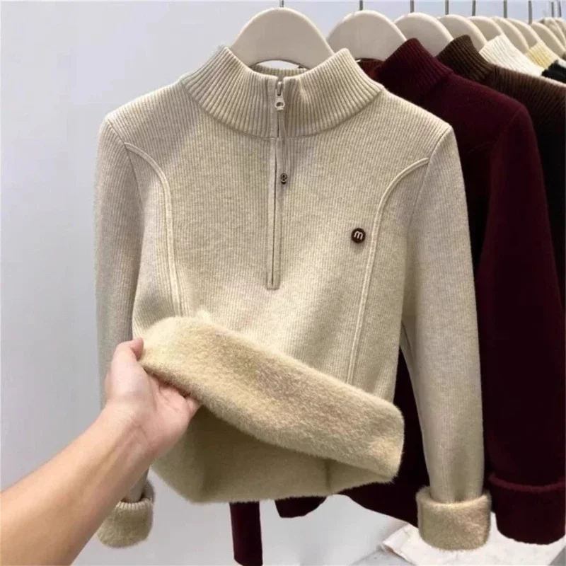 Solid Color Classic Versatile Long Sleeves Pullover Autumn and Winter Velvet Half Zipper Sweater Thicken Warm High Neck Sweater