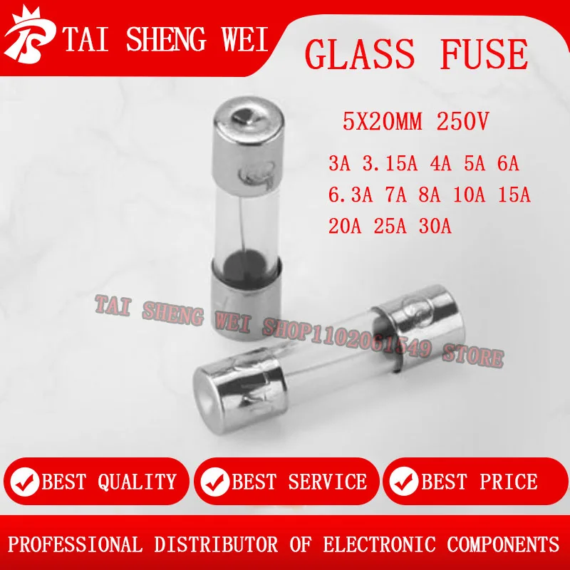 100pcs/1 box Glass Fuse 5X20mm 3A 3.15A 4A 5A 6A 6.3A 7A 8A 10A 15A 20A 25A 30A 250V Fast Blow Fuses Fusibles