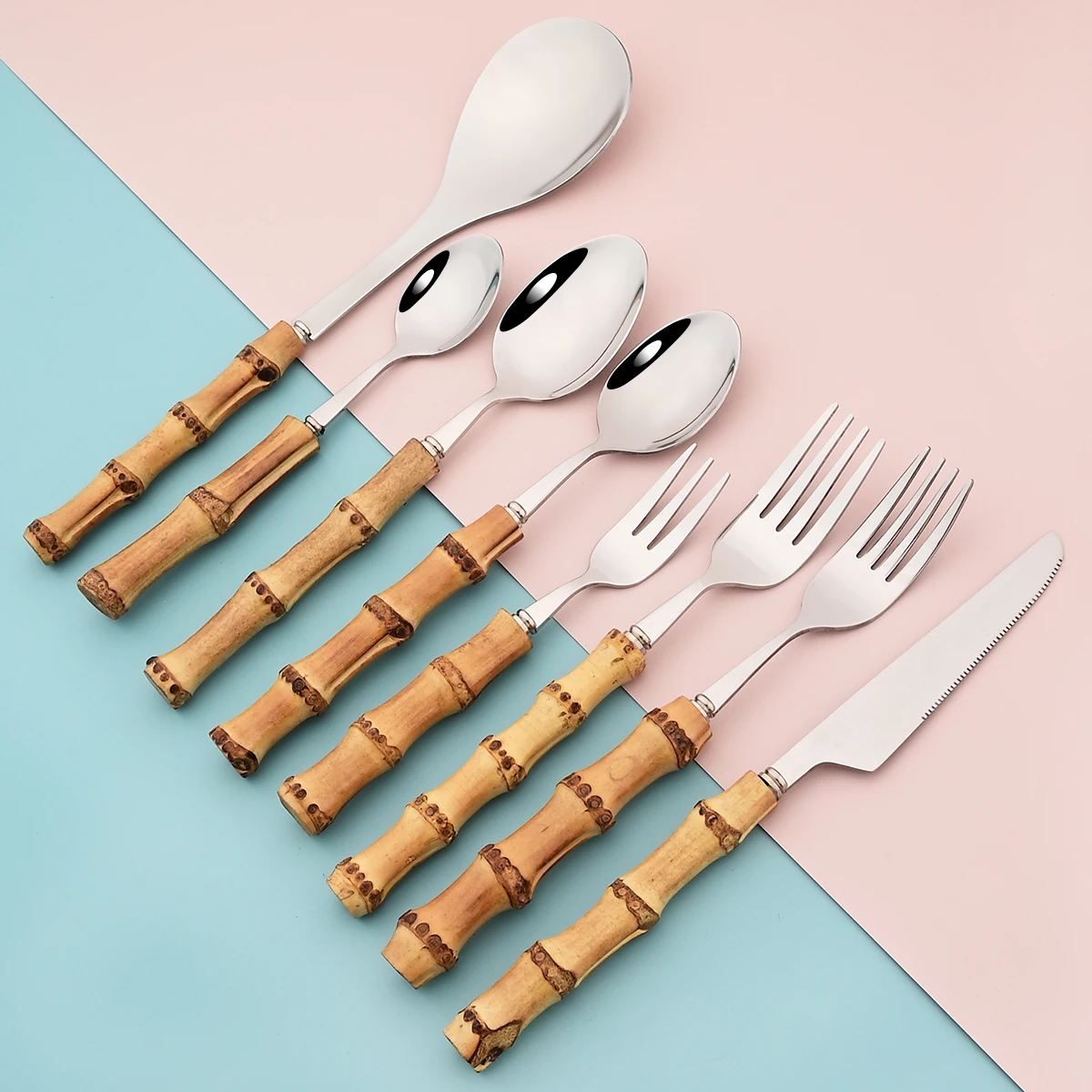 

Wood Bamboo Root Handle Cutlery Stainless Steel Dinnerware Kitchenware Food Serving Spoon Salad Fork Spoon Tea Spoon Tableware