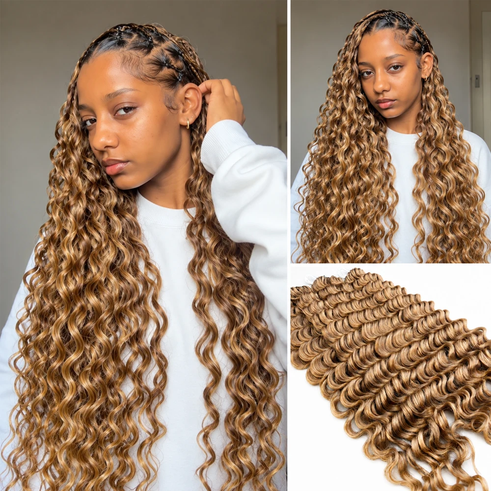 #27 Honey Blonde Deep Wave Human Crochet Hair Miracle Knots Feather Extensions Pre Separated Knotless Braiding Hair With String Soft Natural Curls Boho Braids Lightweight Reusable 60g/60 Strands For Women
