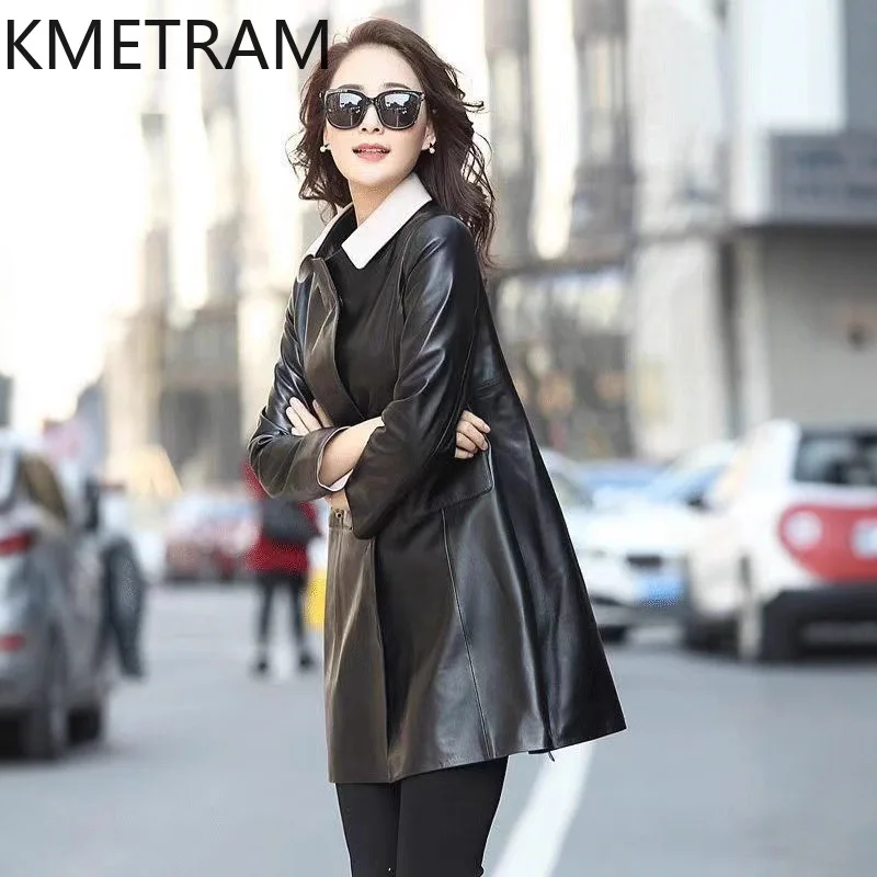 KMETRAM Real Sheepskin Leather Jacket Woman Mid-Length Trench Coat Detachable Shirt Collar Jackets Autumn Women Clothing 2026 코트