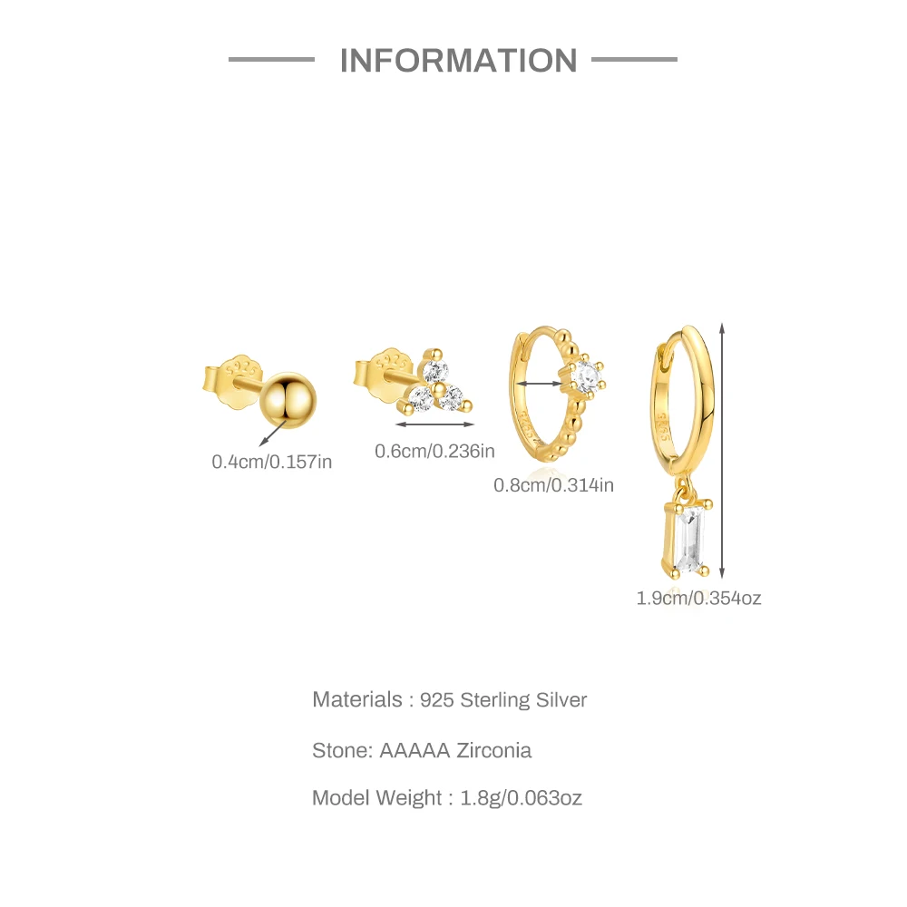 Aide 4pcs Set Real 925 Sterling Silver Women's Zircon Hoop Earring Delicate Handmake Daily Wear Studs Accessory Fine Jewelry Set