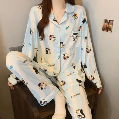 Cartoon Cute Penguins Print Women's Pajamas Fashion Blue White Striped Milk Silk Homewear 2026 Spring Fall New Casual Sleepwear
