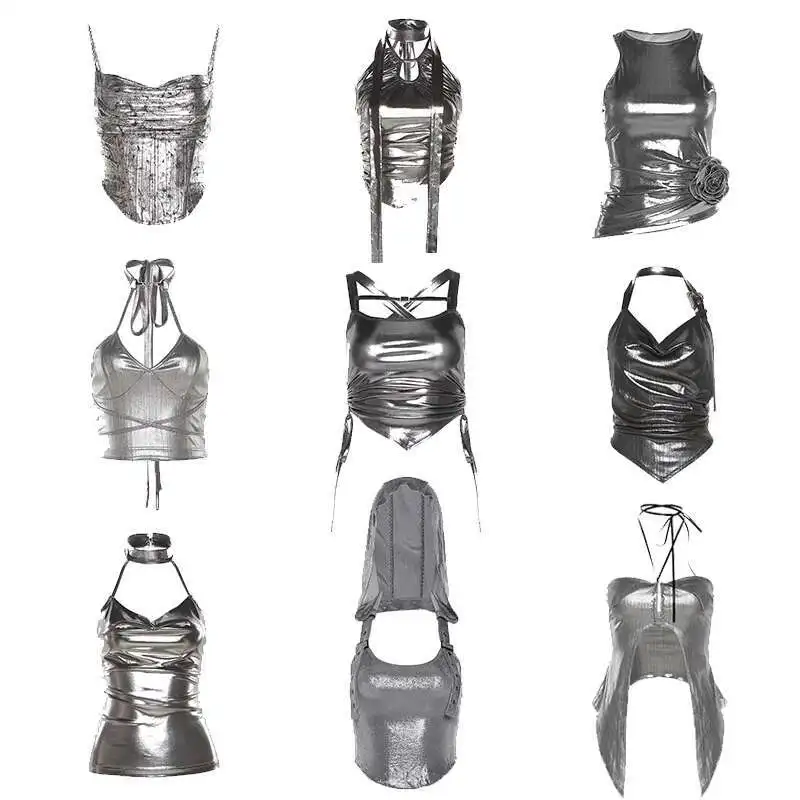 

Jazz Dance Girl Group Song Server Silvery Glossy Stage Costumes Suspenders Vest Personality Womens fashion Solid Color
