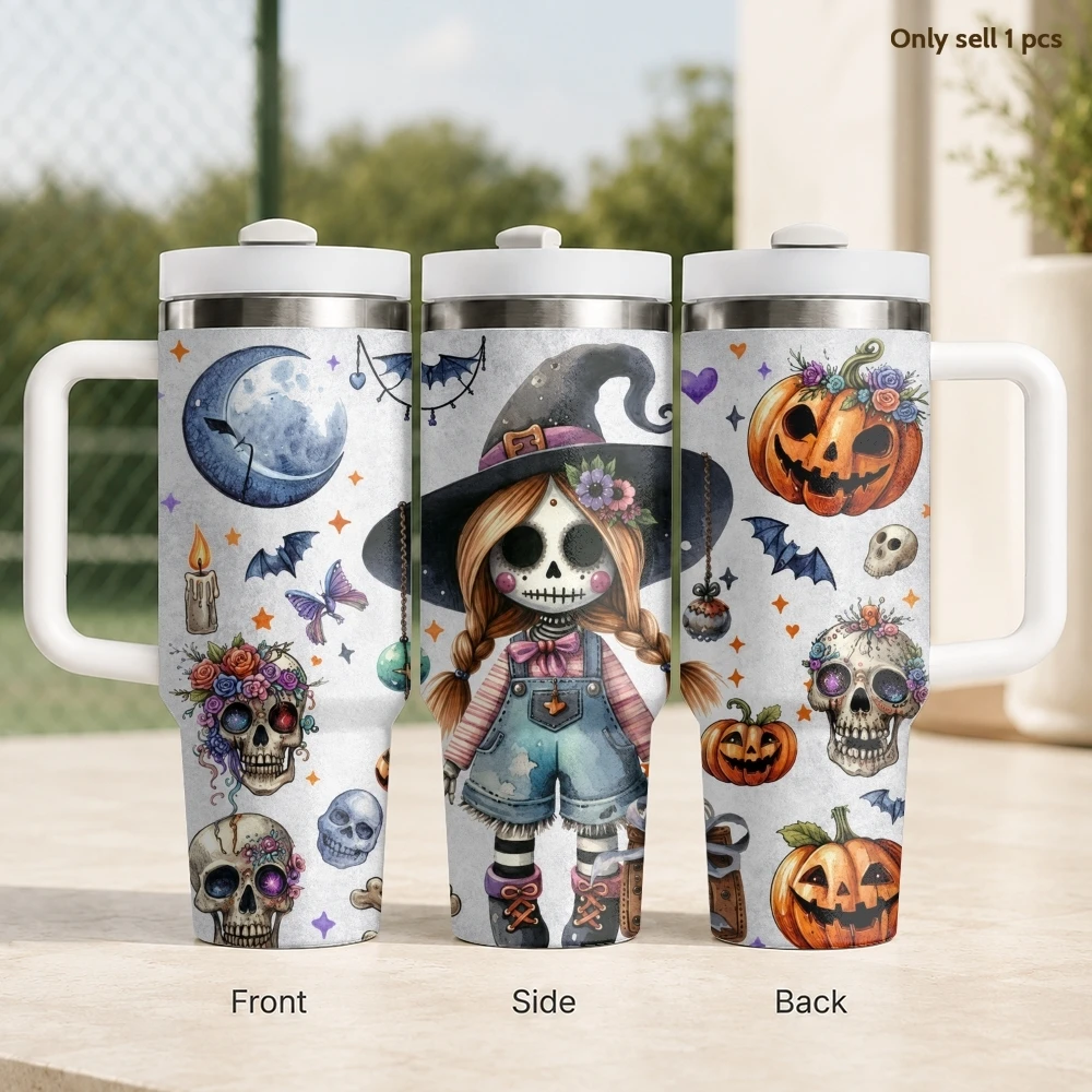 Cute Pumpkin Witch Vacuum Flasks 40oz Stainless Steel Travel Tumbler with Handle Straw Lid Double Wall Vacuum Insulated
