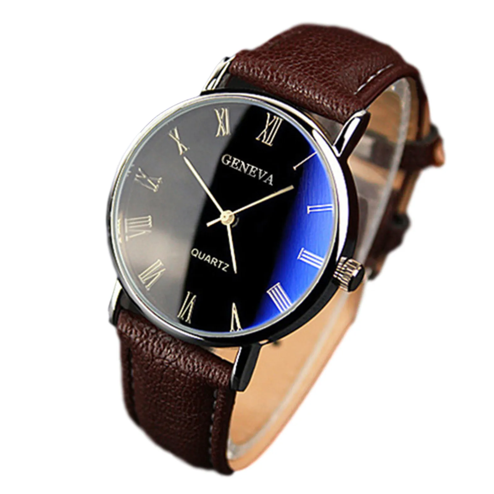 Reloj de pulsera de cuarzo para hombre, reloj deportivo con correa de cuero, informal, de negocios, resistente al agua, esfera Blu-ray Simple a escala Romana