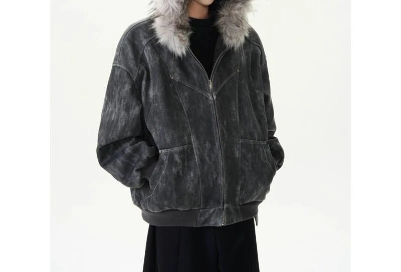 

Women's Winter 2025 Plush Thick Hooded Cotton Jacket with Fur Collar and Retro Style
