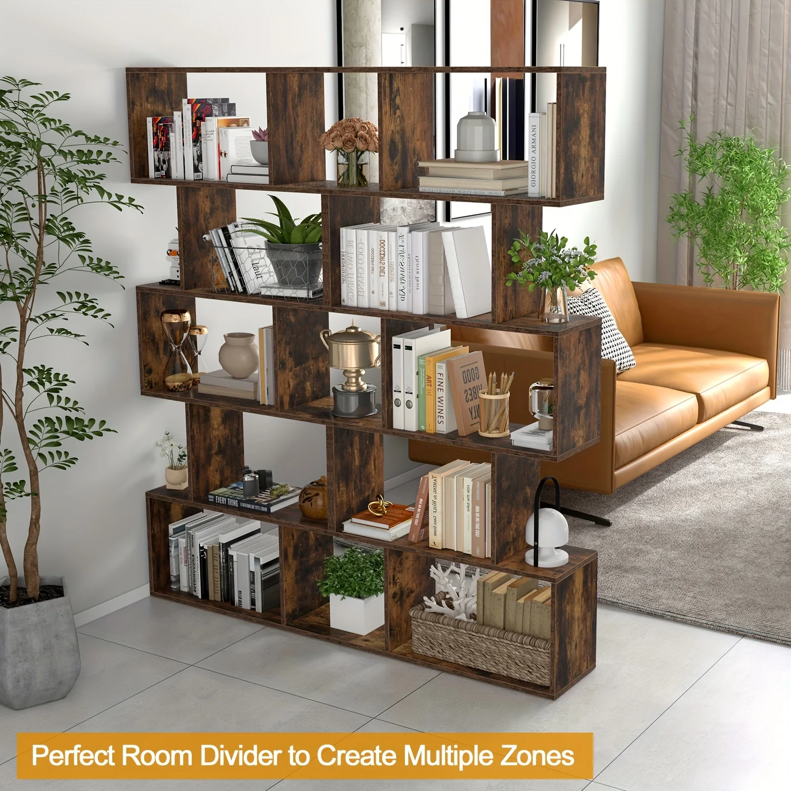 

5-Tier Geometric S-Shaped Bookcase, Rustic Wooden Room Divider Storage Display Shelf, 62.5" Tall Freestanding Shelving Unit
