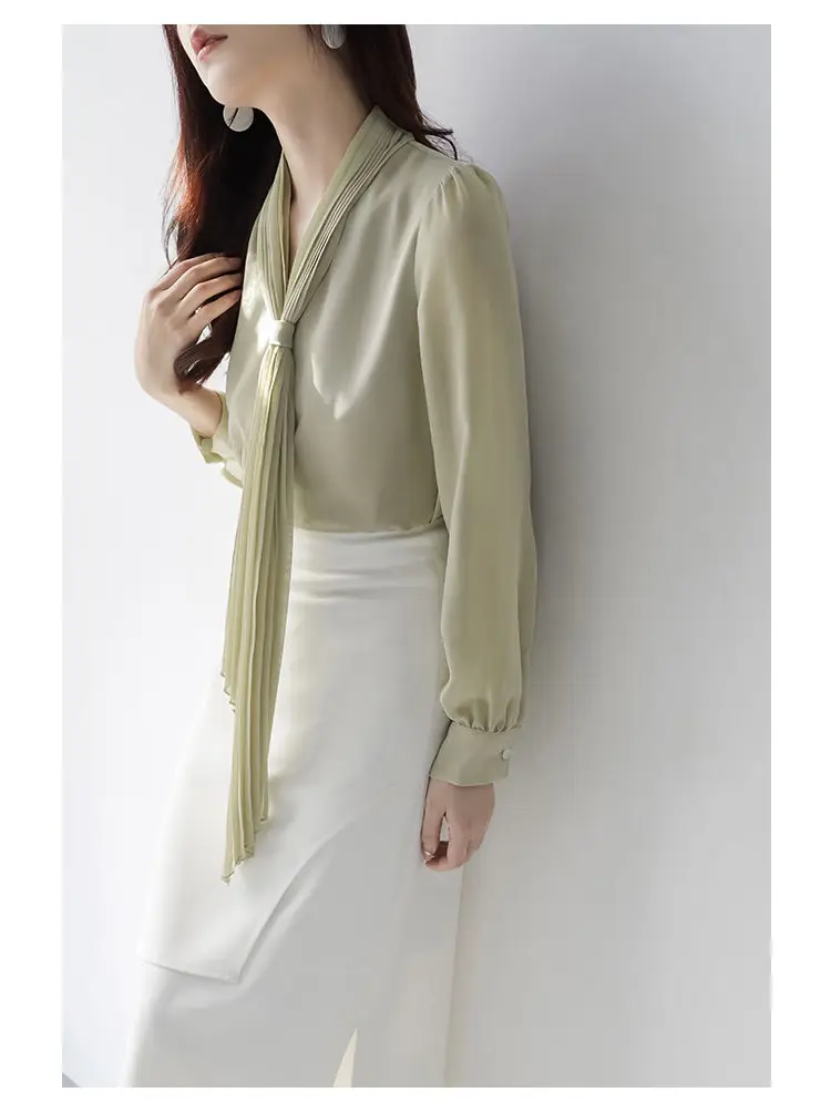 Anyan Chiffon Long Sleeved Accordion Pleated Ribbon Shirt for Women Spring/summer New Simple Commuting Chiffon Shirt for Women