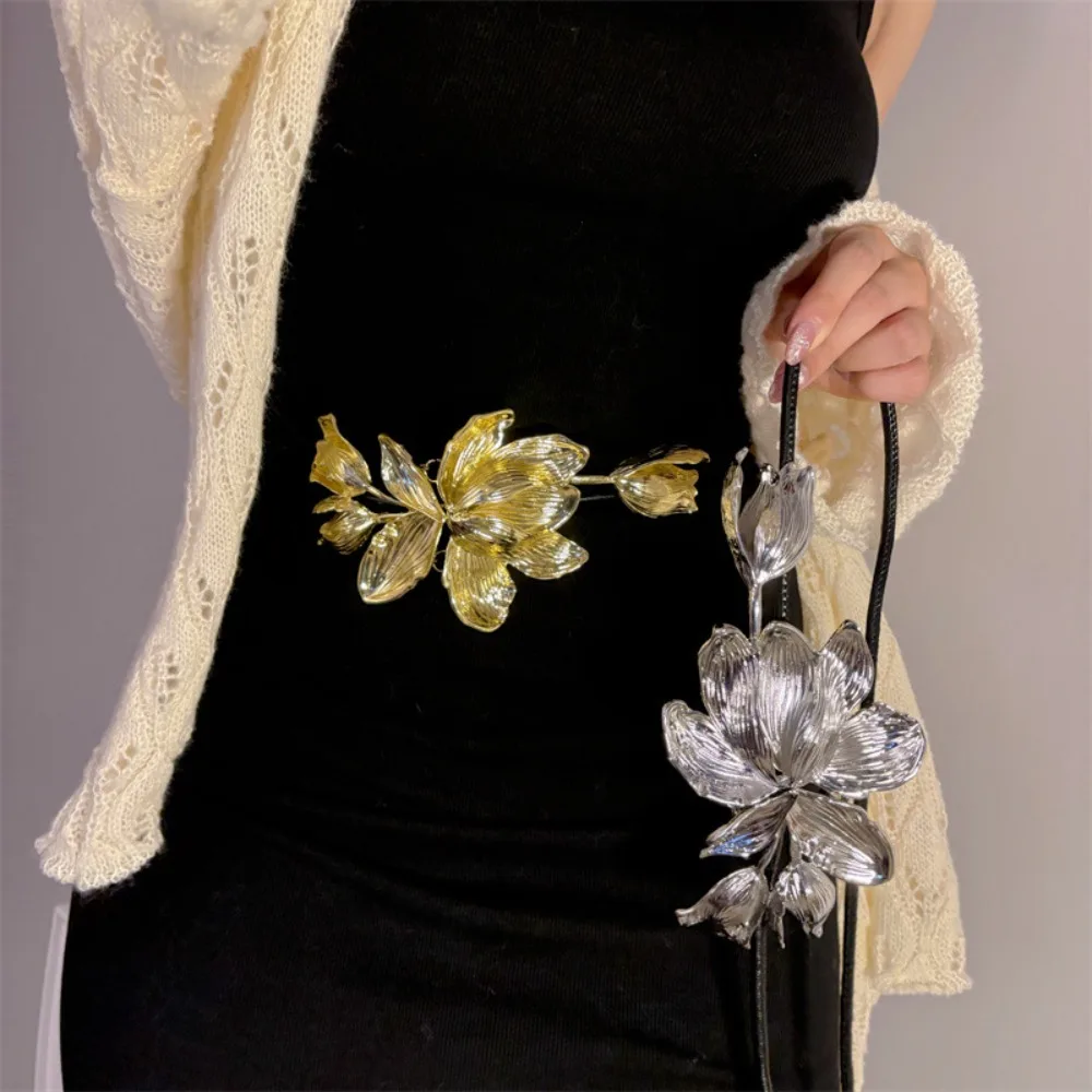 

Thin Rope Vintage Tulip Waist Chain Elegant Large Alloy Flower Belt Simple No Punching PU Leather Rope Belt Pants