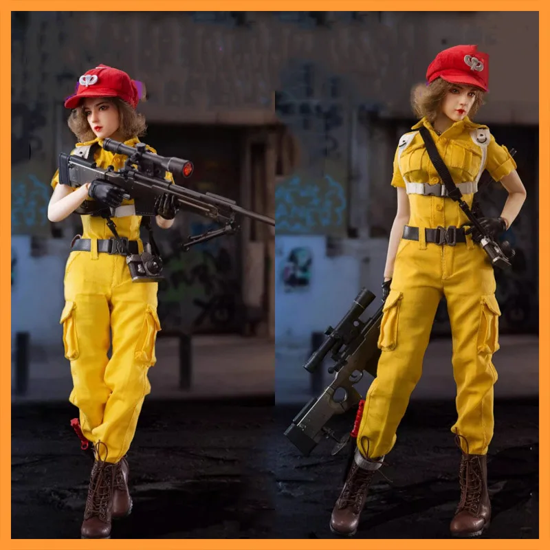 JEU BBK012 1/6 Scale Female Soldier In Red Hat Curly Hair Yellow Jumpsuit Full Set Fit 12inch Action Figure Model Toys