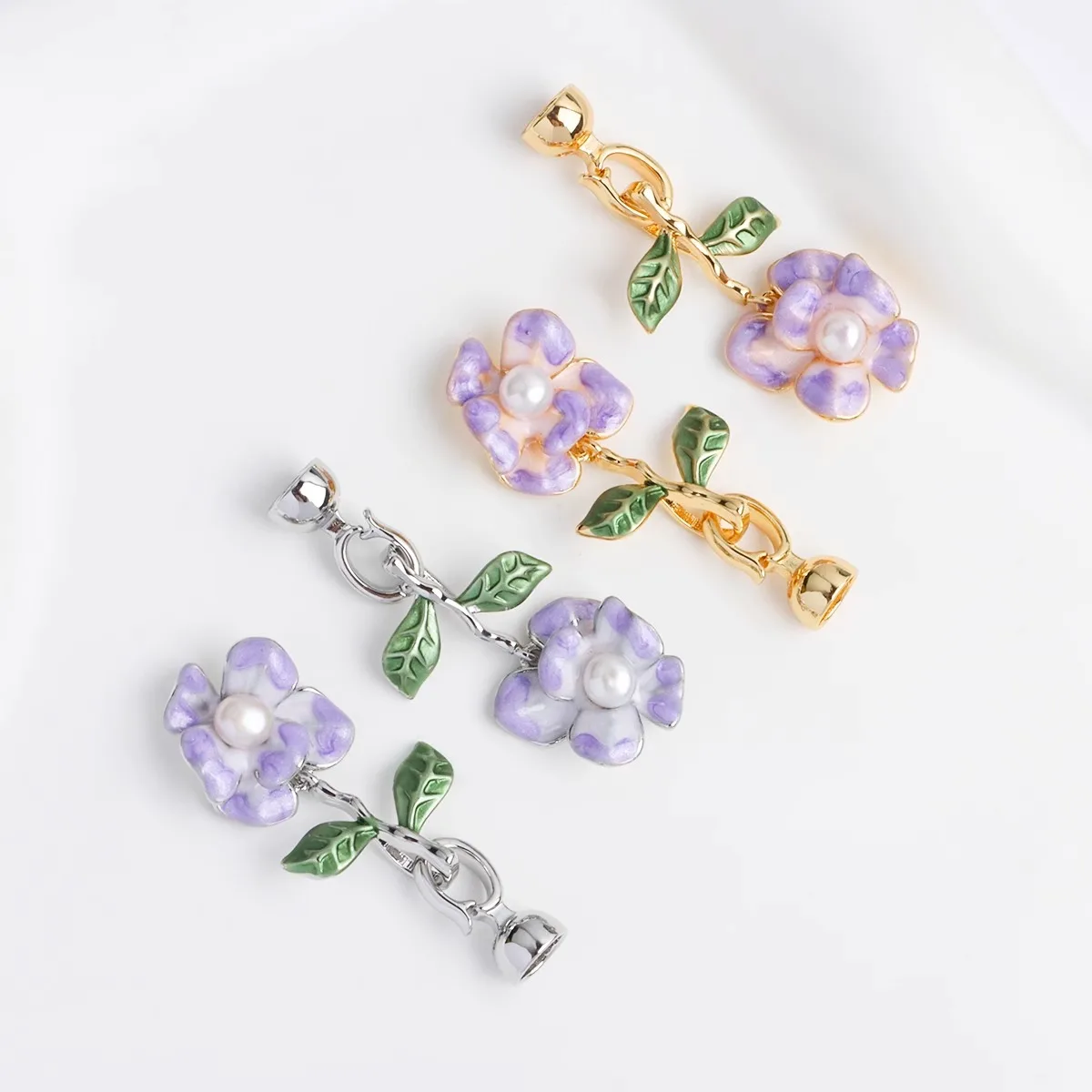 

18K Gold Plated with Pearls, Oil Dripping, Painted Purple Rose Button Head Jewelry, Connecting Buckle DIY Accessories